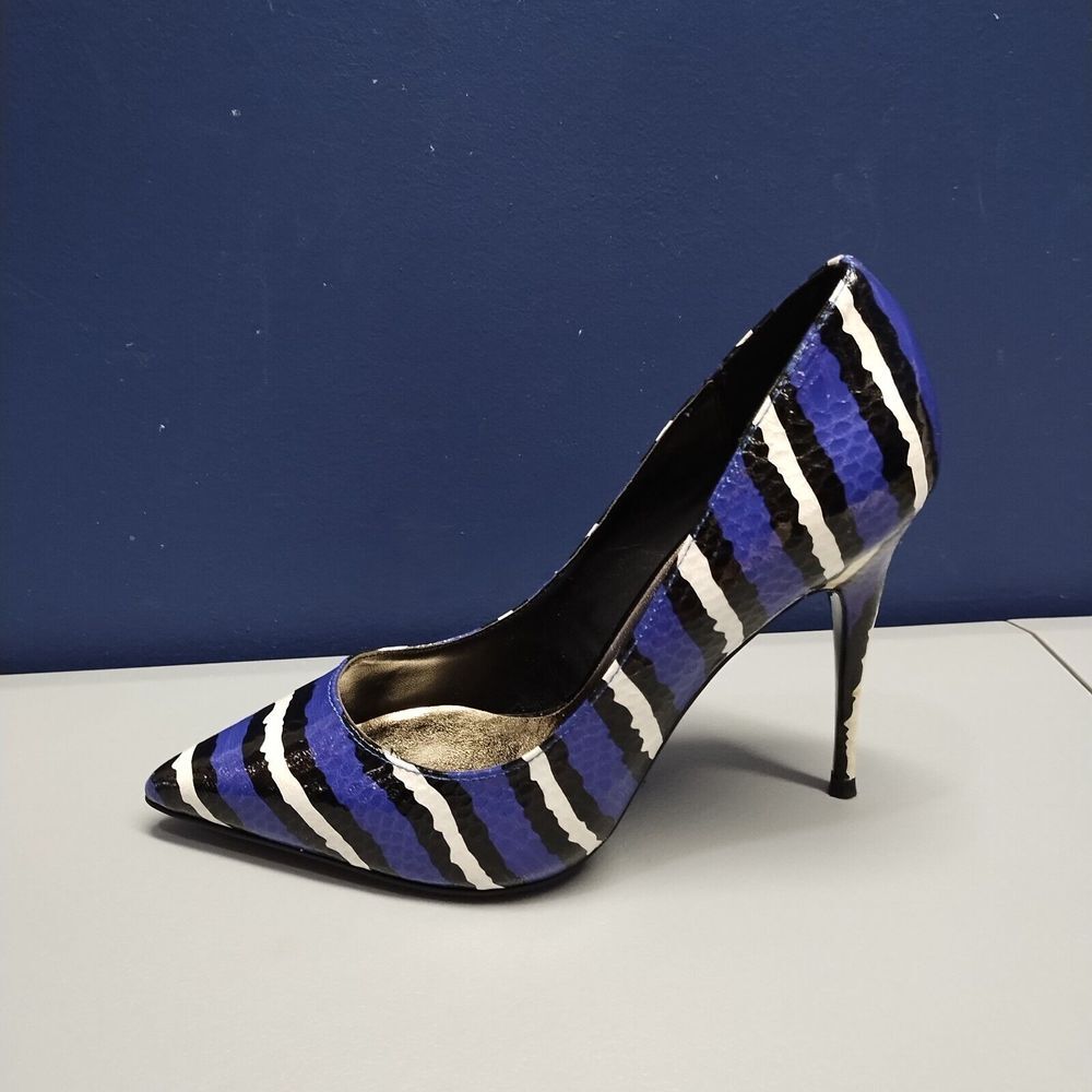 LFL Snakeskin Stiletto Pumps Heel Womens Sz 7 Purple Multi Pointed Toe Slip On - Picture 14 of 16